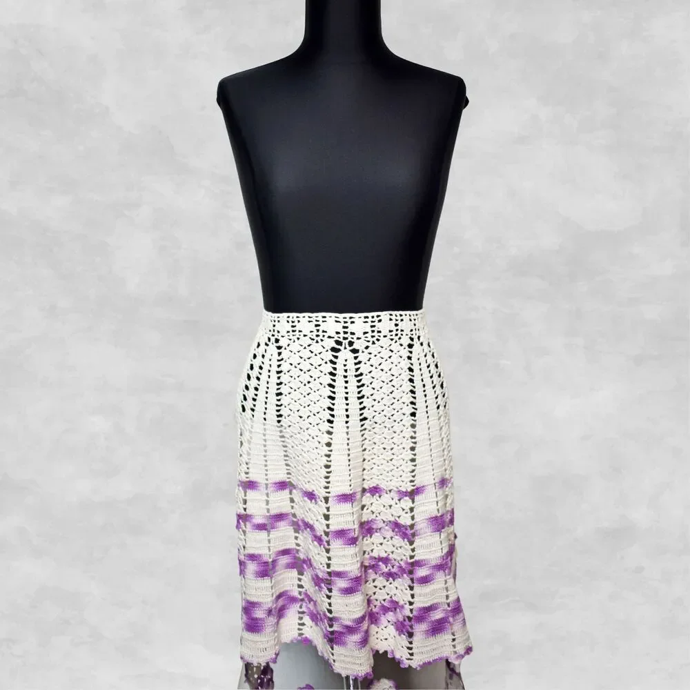 Vintage Handmade Crochet Half Apron White Purple Boho Farmhouse Kitchen Cottage